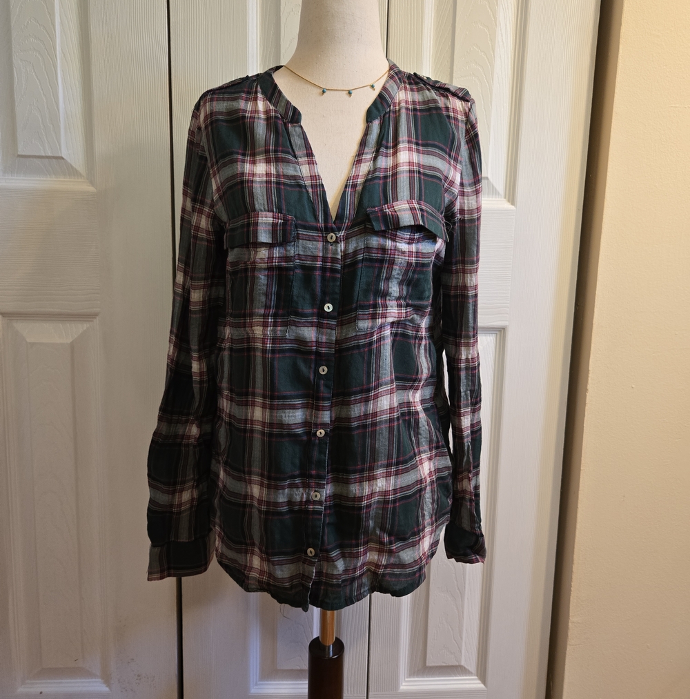 Zara Green and White Plaid Button-Down Shirt with Burgundy Accents